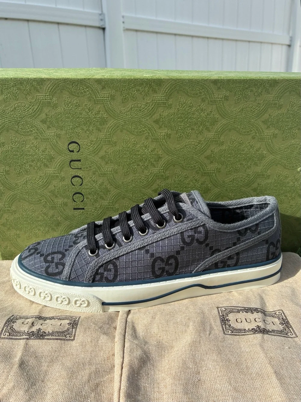 GUCCI TENNIS 1977 GREY BLACK GG SUPREME NEW MONOGRAM SNEAKERS SZ G8 EU 42 NEW!